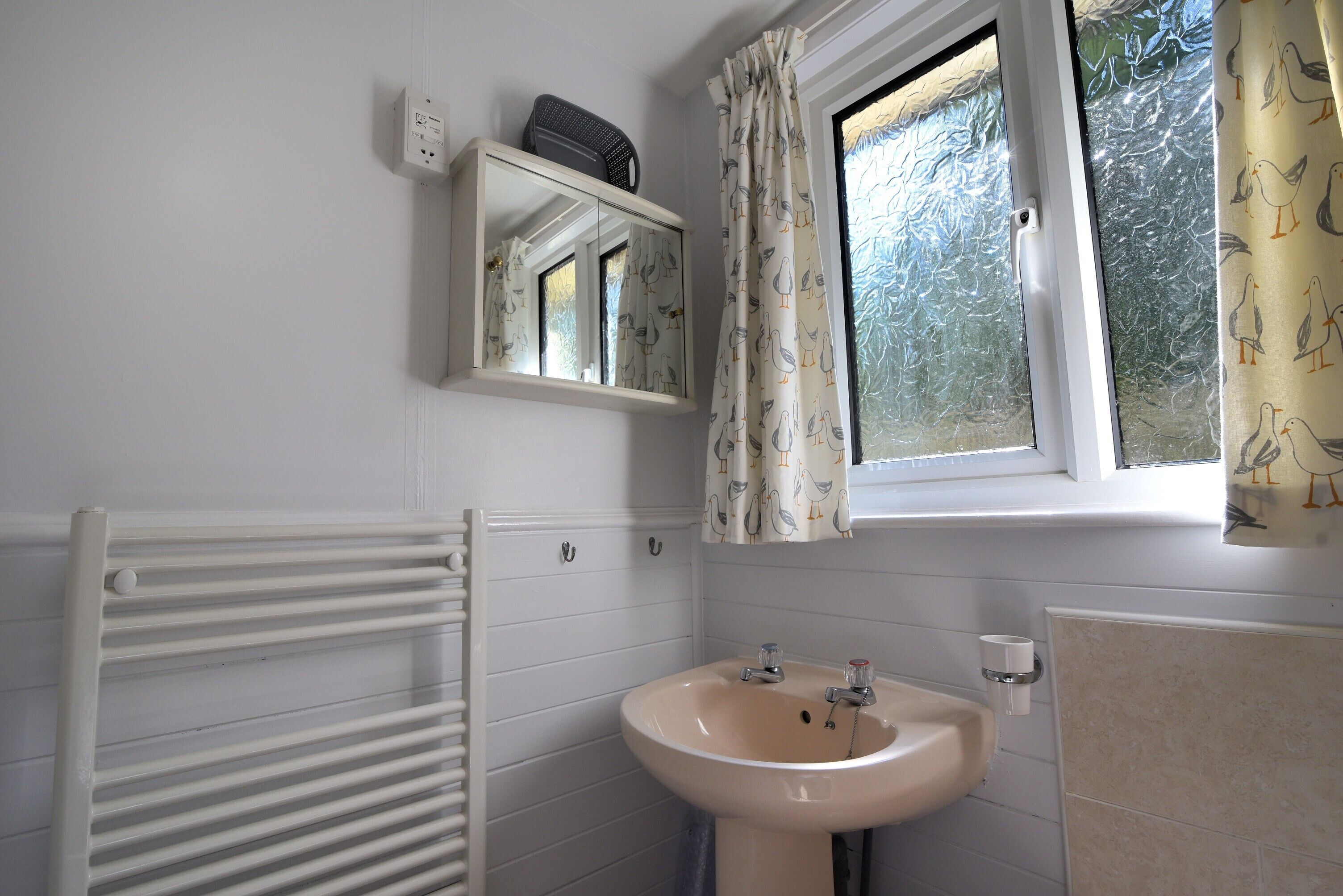 Une salle de bain avec un radiateur blanc, un lavabo et un miroir au-dessus.