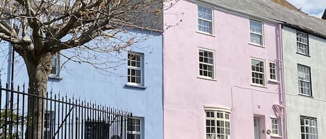 Un bâtiment à deux étages, doté d’une façade rose et bleue, d’une clôture en métal noir et d’un arbre aux branches nues.