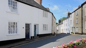 A quiet street lined with white buildings, a clear sky, and a flower bed in the foreground. - 12 Mill Green (Lyme Regis)