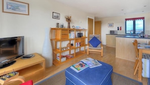 Una sala de estar con televisor, estanterías, un reposapiés azul y una zona de cocina con lavamanos y encimera.
