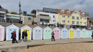 Une rangée de cabanes de plage colorées longe une plage de galets, où l’on voit des gens se promener et un chien.