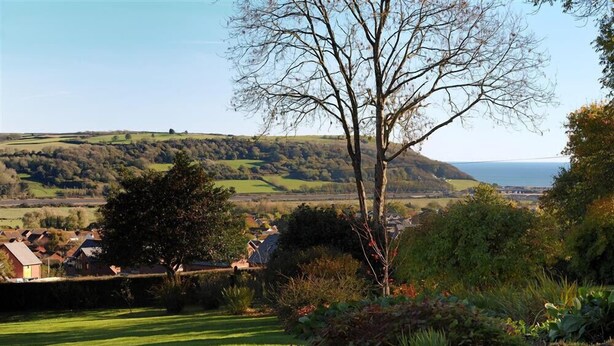 A rural landscape with a tree in the foreground, a grassy field, and a view of houses and hills in the distance. - West Ridge Bungalow (Seaton)
