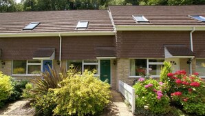 Una hilera de casas escalonadas con paneles solares en los tejados, un jardín delantero con diversos arbustos y flores, y una valla de piquetes blancos.