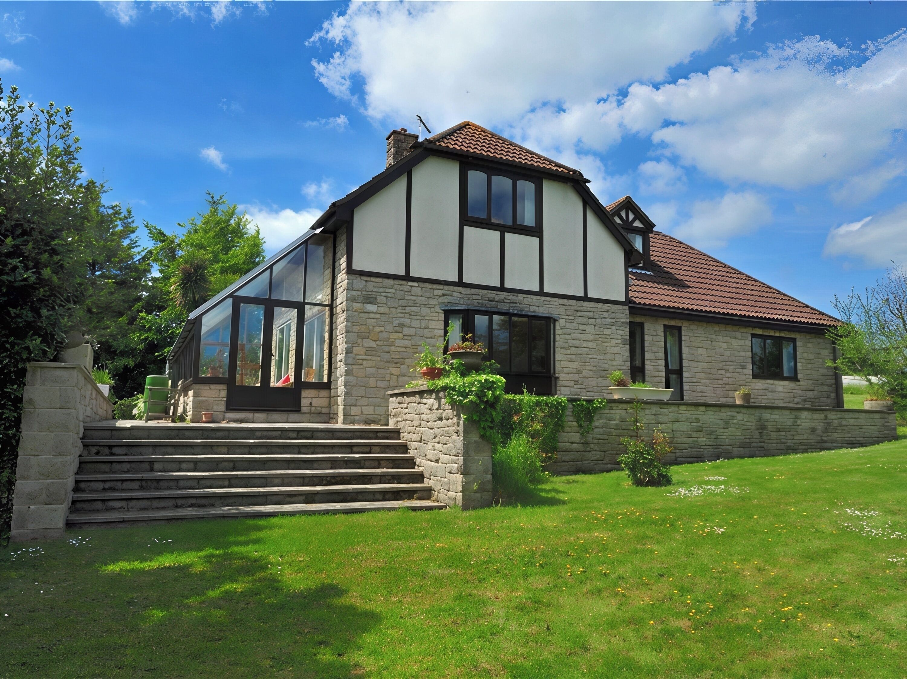 A two-story house with a stone facade, large windows, and a red-tiled roof.