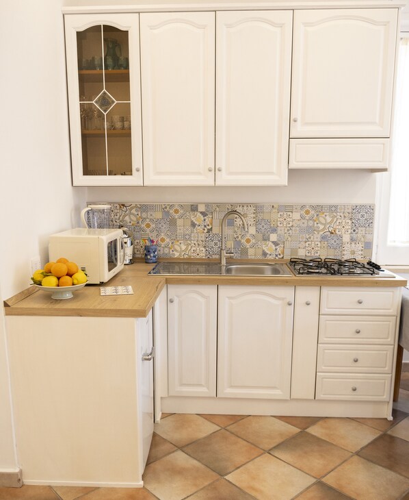 Fridge, microwave, stovetop, coffee/tea maker