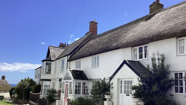 A row of white buildings with thatched roofs and a signboard indicating a business. - Foxley Cottage (Bridport)