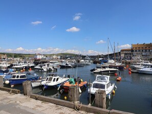 A marina with various boats docked, a clear sky, and buildings in the background.