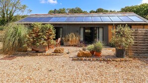 A modern building with a solar panel roof, surrounded by a gravel driveway and various potted plants.