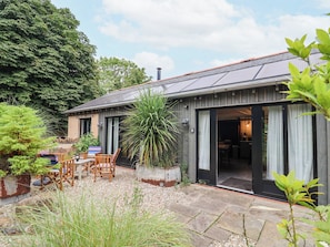 A house with a solar panel roof, a patio with a table and chairs, and a large plant in the foreground.