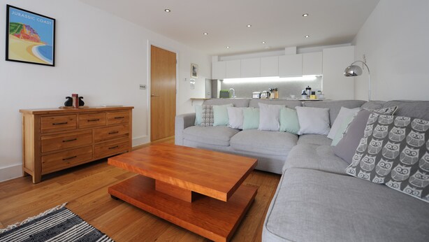 A modern living room with a grey sofa, wooden coffee table, and a wooden cabinet. - Seashell (Lyme Regis)