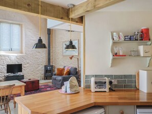 A cozy living room with a fireplace, a television, and a sofa. There's a kitchen area with a toaster and a kettle on the counter.