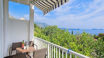 A balcony with wicker furniture, a bottle, and a potted plant.