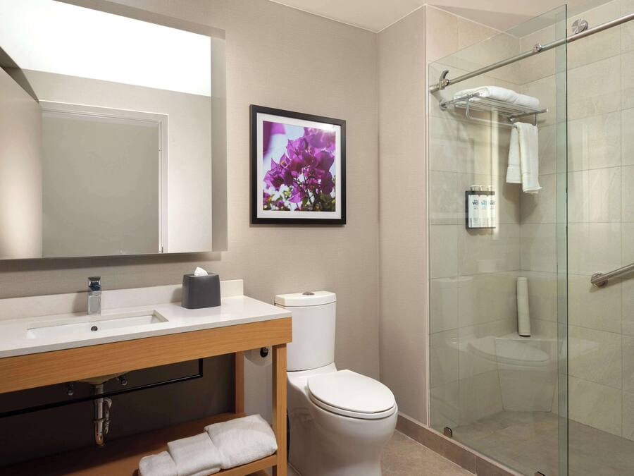 Un baño moderno con ducha de vidrio, lavamanos blanco y un cuadro enmarcado con flores.