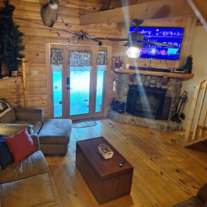 Smart TV, fireplace, books