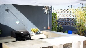 Zona de bar al aire libre con una parrilla, asientos y una planta decorativa.