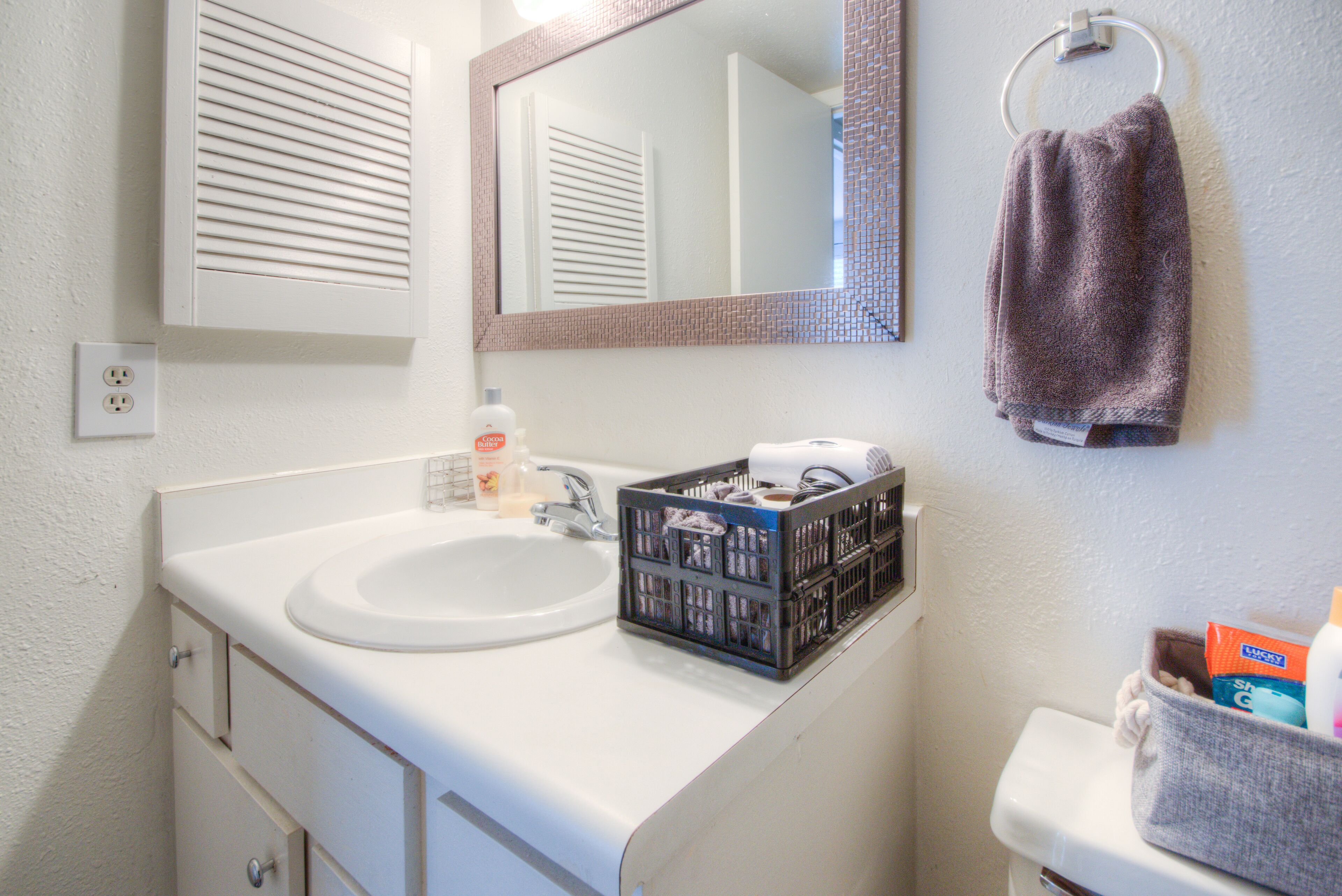 Une salle de bain avec un lavabo blanc, un miroir et un porte-serviettes. On y trouve un panier noir sur le comptoir et une petite poubelle à côté des toilettes.