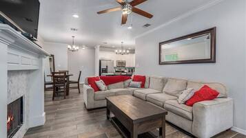 Smart TV, fireplace, video games, DVD player