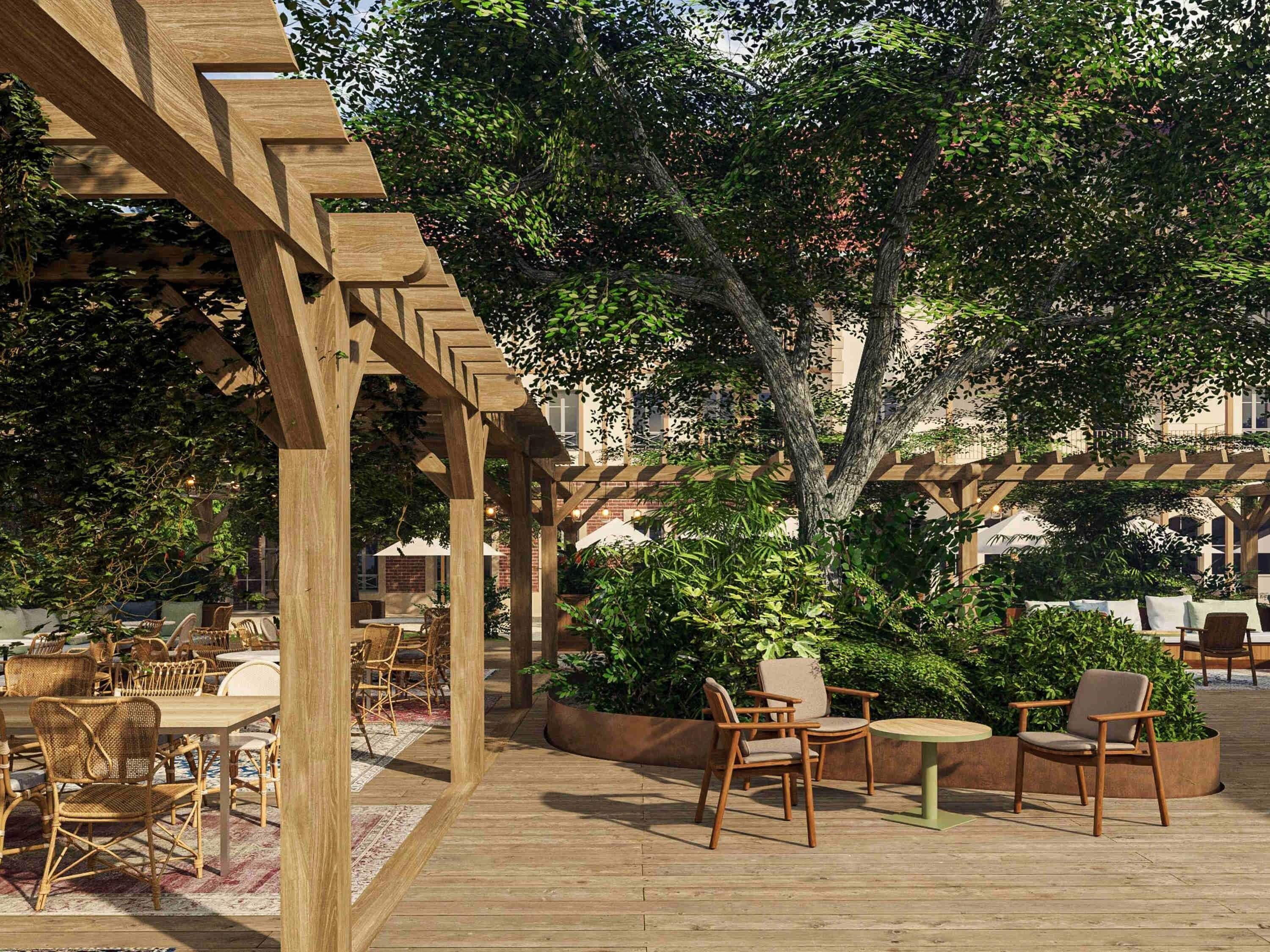 An outdoor patio area with wooden pergolas, wicker furniture, and potted plants.