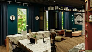 A modern interior with a marble bar, seating areas, and a bookshelf. - ibis Styles Le Touquet (Le Touquet-Paris-Plage)