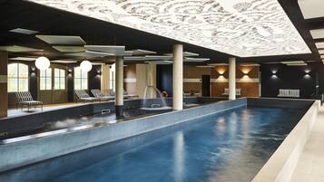 Indoor pool, open 9:30 AM to 7:30 PM, pool umbrellas, sun loungers