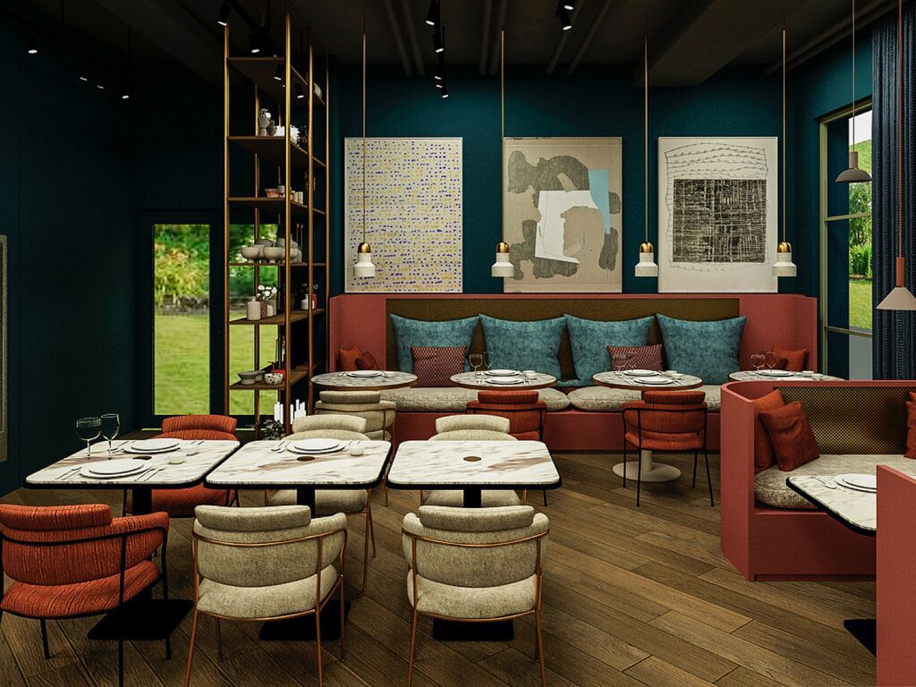 Un restaurant moderne doté d’un espace salon accueillant, de tables en bois et offrant une vue sur l’extérieur.