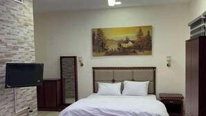 A bedroom with a bed, a painting, a TV, and a ceiling light. - %ECONOMY APARTMENT% 101 (Amman)