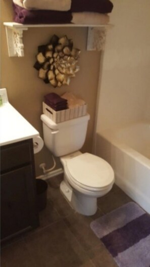 Combined shower/tub, hair dryer, towels, soap