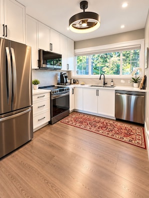 A modern kitchen with stainless steel appliances, a large window, and a patterned rug.