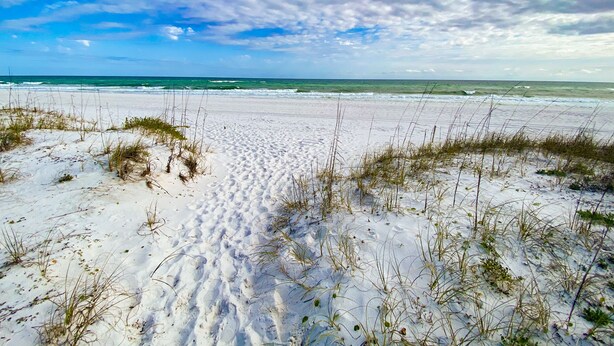 A beach with white sand and sparse vegetation, leading to the ocean under a partly cloudy sky. - Spring Break Ready! Pool | Game Room | Sleeps 21 (Gulf Breeze)