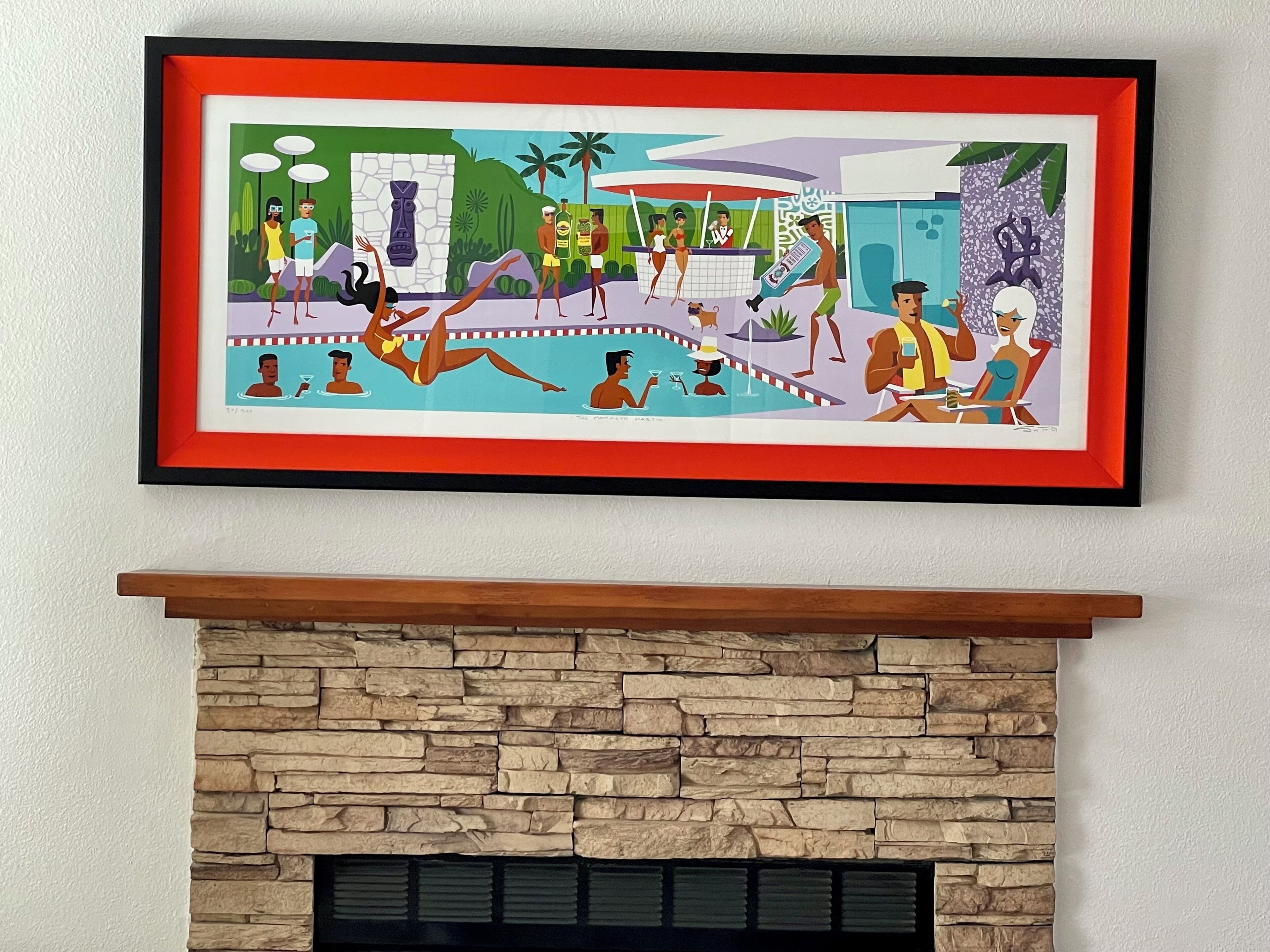 A framed artwork depicting a lively poolside scene with people swimming and socializing, set against a backdrop of palm trees and a bar.