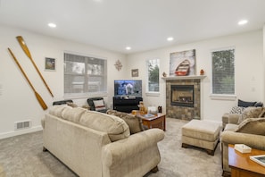 TV connectée, cheminée, lecteur de DVD, livres