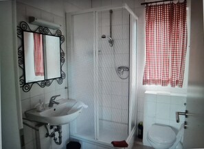 A bathroom with a white sink, a mirror, a shower, and a toilet.