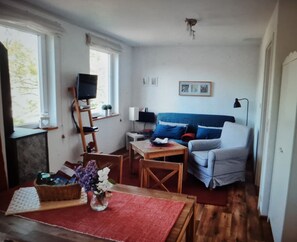 A living room with a sofa, a TV, a table, and a window.