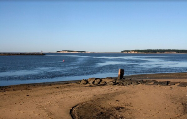 On the beach, sun loungers