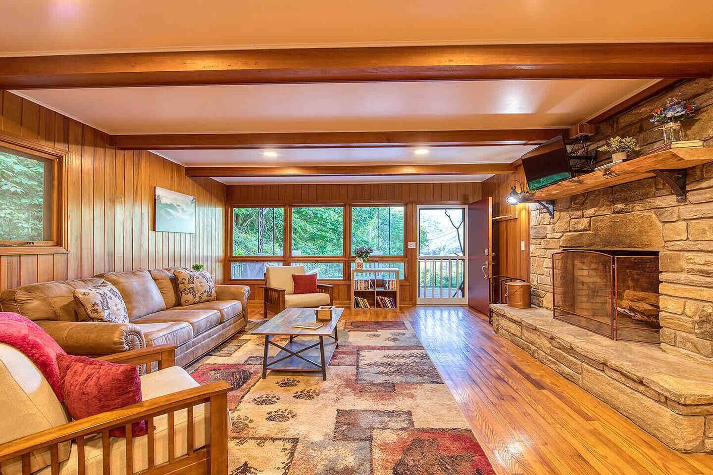 Smart TV, fireplace, DVD player, books