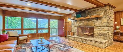 Smart TV, chimenea, reproductor de DVD y libros