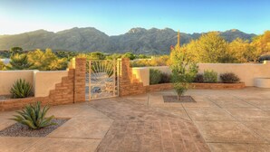 Une terrasse sur le toit offrant une vue sur les montagnes, avec une porte et diverses plantes.
