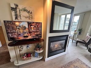 Smart TV, fireplace, books, music library