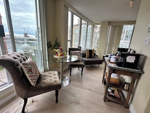 Smart TV, fireplace, books, music library