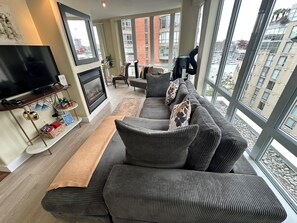 Smart TV, fireplace, books, music library