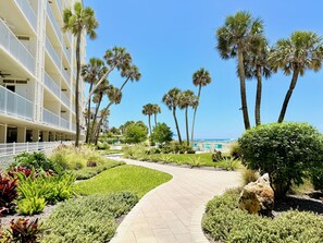 A hotel with a pathway leading to a beach, surrounded by palm trees and well-maintained greenery.