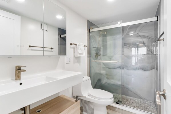 A modern bathroom with a glass-enclosed shower, a white sink, and a toilet.