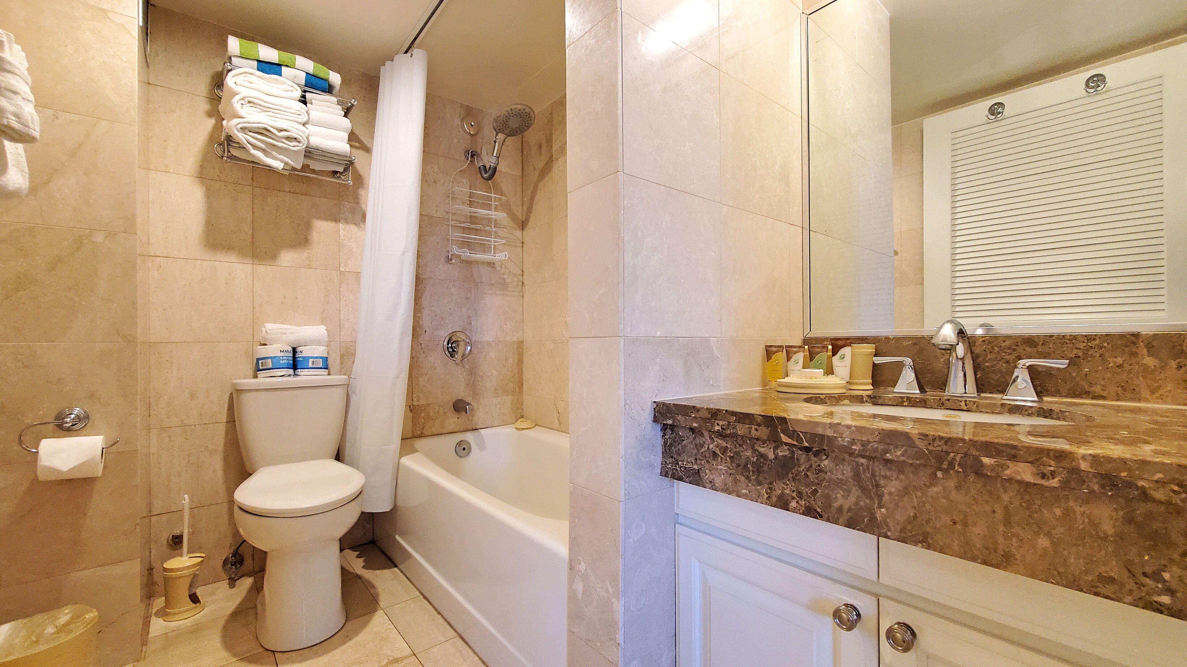 Combined shower/tub, hair dryer, towels, soap