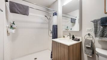 Combined shower/tub, hair dryer, towels
