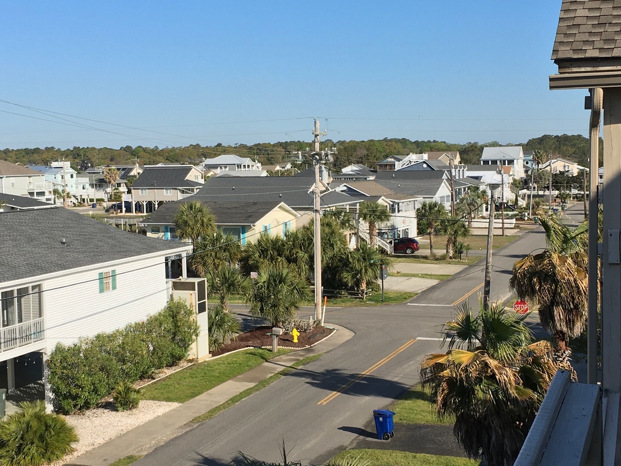 A residential street with houses, a stop sign, and a blue trash bin.