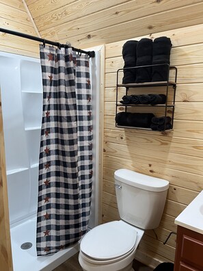 Dusche, Haartrockner, Handtücher, Seife