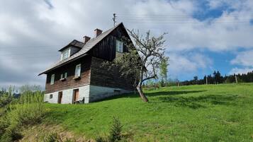 Une maison en bois rustique, avec un toit en pente, une cheminée et un petit arbre devant.