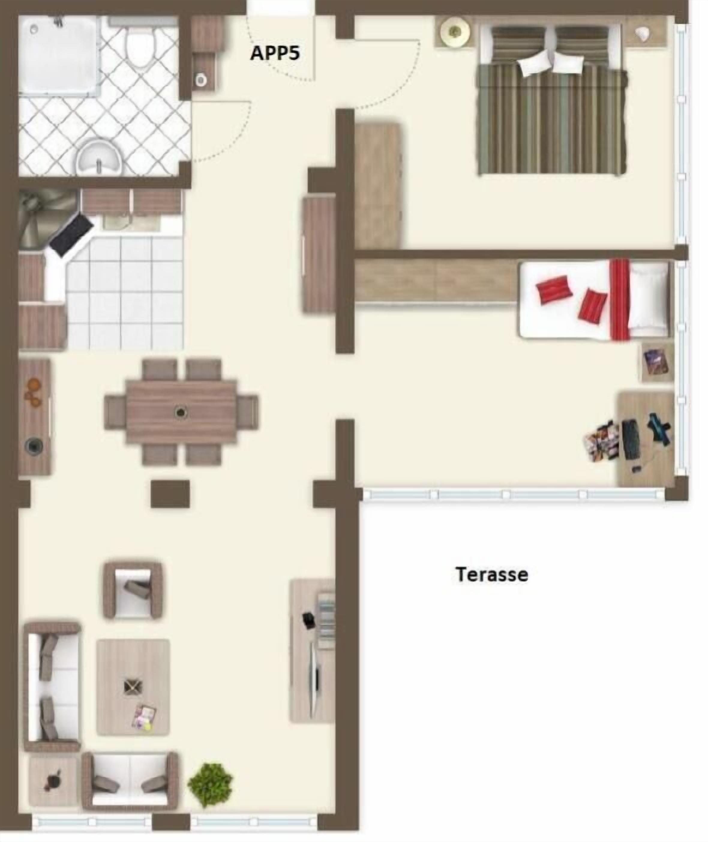 A floor plan of a hotel room with a bathroom, a dining area, a living room, and a terrace.