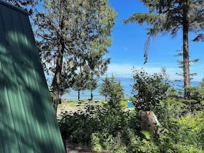 A view of a coastal area with trees, a clear sky, and a body of water in the distance. - A-Frame Shelter (T15)  - Oceanside Views (Port Angeles)