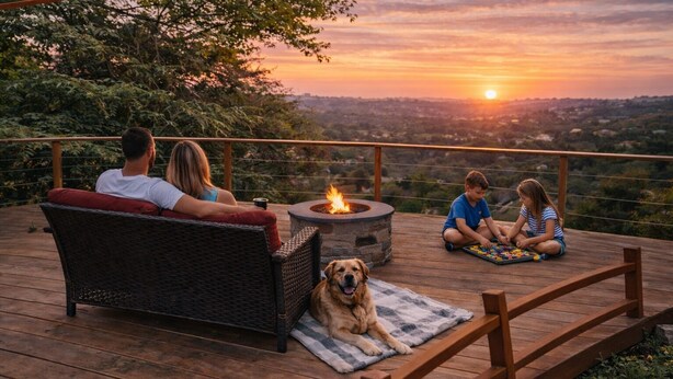 A family on a wooden deck with a fire pit, a dog, and a child playing.